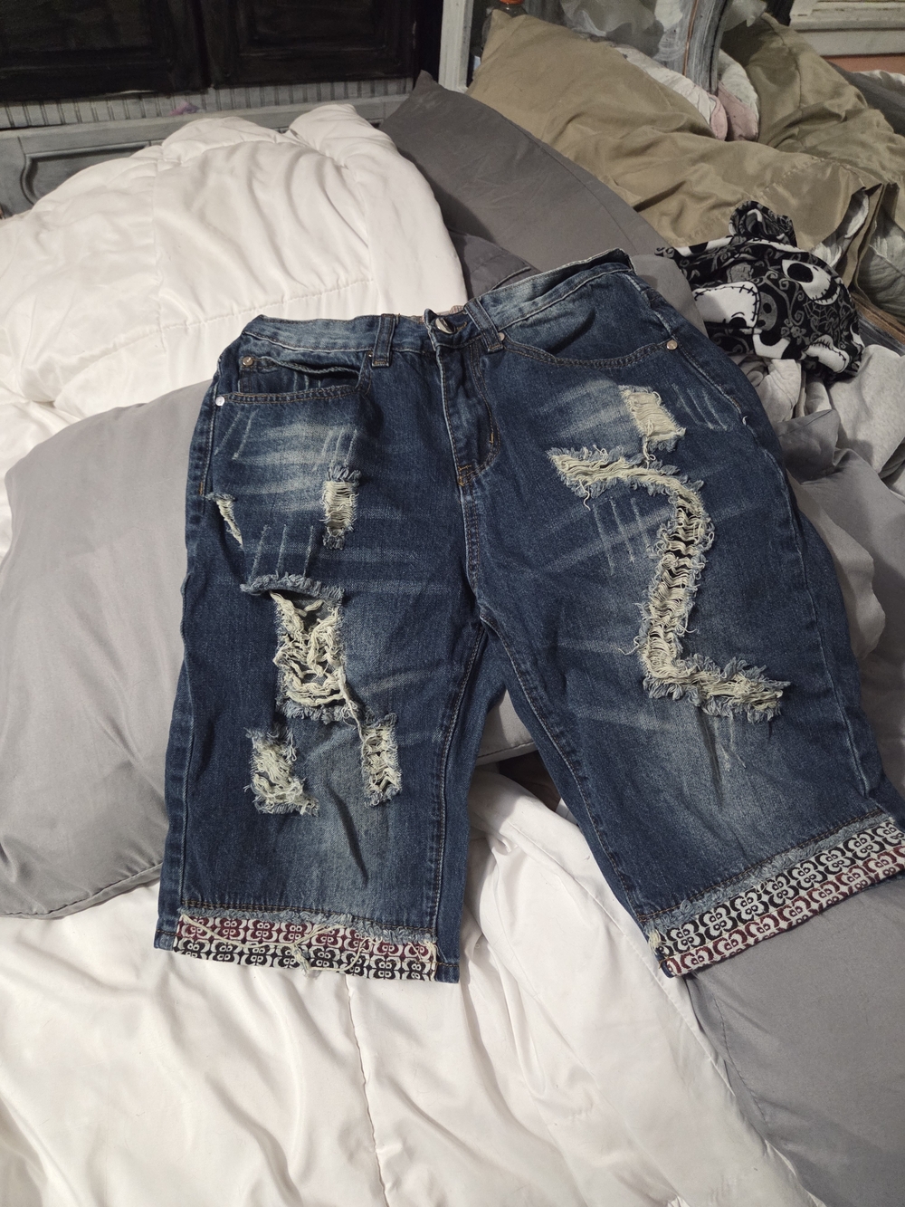 Distressed Denim Knee-Length Shorts - Blue